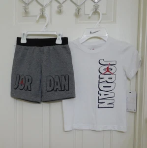 NWT 2pc Air Jordan White Shirt Black Red Logo & Gray Sweat Shorts Set sz 4 - Picture 1 of 1