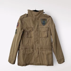 Express Mens Military Jacket Size XS Khaki Patches Hood Utilitarian Brown Zip - Picture 1 of 17