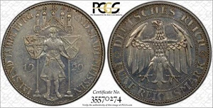 Germany 1929 E 3 Reichsmark Meissen Pcgs Au50 Weimar Republic Scarce 120K Made - Picture 1 of 3