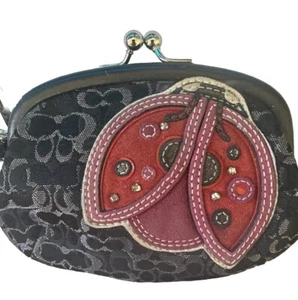 COACH LUREX Black Kisslock LADYBUG APPLIQUE FRAMED COIN PURSE WRISTLET RARE! - Picture 1 of 4