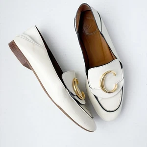 Mocasín Convertible Chloe Cuero Blanco Dorado Logo C Plegable Talla EU 37 - Imagen 1 de 8