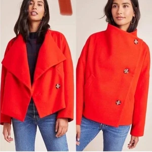Anthropologie Sascha Pea Coat Womens Red Asymmetrical Unique Button Jacket - Picture 1 of 10