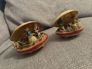 2 Vintage Japanese Fishing Villager Scene Celluloid Clam Shell Sculpture Diorama - Picture 1 of 9