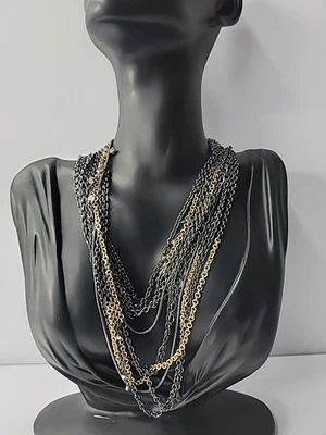 Vintage Chicos Multi Strand Necklace Gunmetal Gold Tone Chains Layered Jewelry - Image 1 of 4