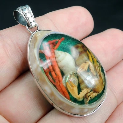 Ciondolo in argento sterling 925 conchiglia naturale e resina trasparente,... - Immagine 1 di 4
