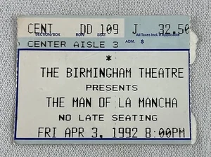 1992 04/03 THE MAN OF LA MANCHA Theatre Ticket-Birmingham Theatre - Picture 1 of 1