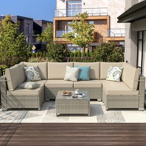 Outdoor 7-Piece Patio Furniture Set All Weather Outdoor Rattan Conversation Set - Picture 1 of 8