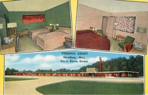 MERIDIAN MISSISSIPPI VIRGINIA COURT ROADSIDE MOTEL VINTAGE LINEN POSTCARD VIEW - Picture 1 of 2