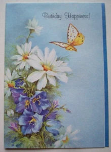 Butterfly w daisies & bell flowers UNUSED vintage Birthday card *EE15 - Picture 1 of 3