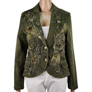 VTG Rossi Roma Women's M Cropped Blazer Distressed Green Sequence Embroidery - Foto 1 di 11