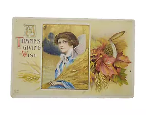 Erntedank Wunsch Pilgerin Frau Ernte Weizen Herbststrauß 1910er Postkarte - Bild 1 von 4