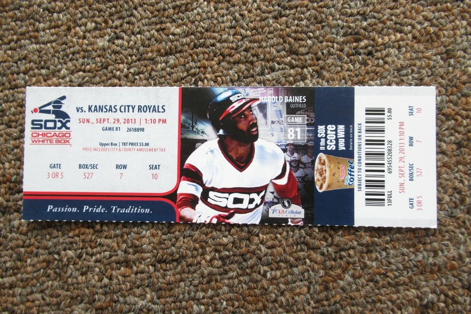 CHICAGO WHITE SOX VS ROYALS 9/29/2013 FULL TICKET ~ PEREZ/HAYES/RAMIREZ HRs - Image 1 of 1