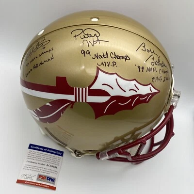 Bobby Bowden Chris Weinke Peter Warrick Champs Signed FSU Seminoles Auth Helmet Foto 1 de 4