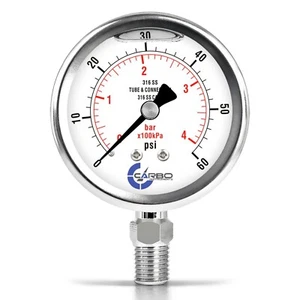 2-1/2" Pressure Gauge, ALL STAINLESS STEEL, Liquid Filled, Lower Mnt, 60 Psi - Picture 1 of 6
