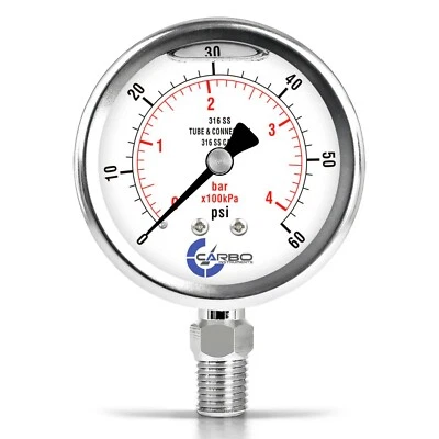 2-1/2" Pressure Gauge, ALL STAINLESS STEEL, Liquid Filled, Lower Mnt, 60 Psi - Image 1 of 4