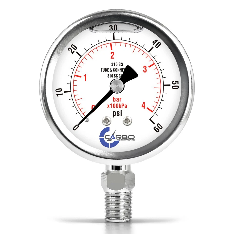 2-1/2" Pressure Gauge, ALL STAINLESS STEEL, Liquid Filled, Lower Mnt, 60 Psi - Image 1 of 4