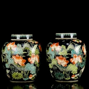 7“ China ancient Qing Dynasty Qianlong Black background color lotus Lid jar - Picture 1 of 9