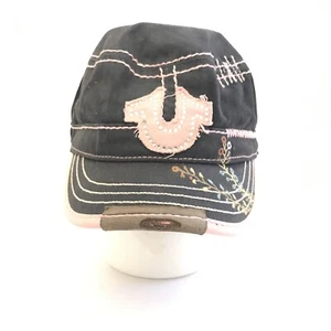 True Religion Women's Distressed Dark Gray/Pink Adjustable Leather Snap-Back Hat - Picture 1 of 11