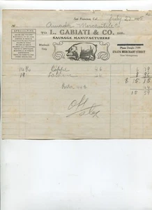 Billhead Ilustrado L GABIATI FABRICANTE DE SALCHICHAS San Francisco 1925 Cerdo - Imagen 1 de 1