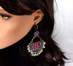 Afghan Kuchi Earrings Tribal Crescent Pendant Ethnic Dance Rhinestones Bohemian - Picture 1 of 3