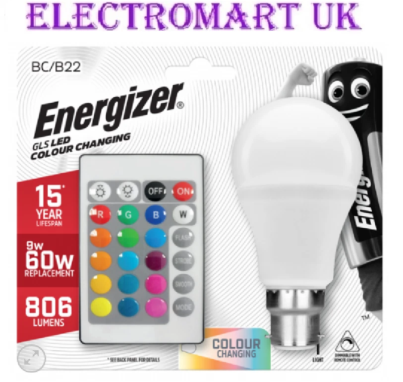 ENERGIZER 9W EQUIV 60W LED REMOTE CONTROL RGB COLOUR CHANGE LIGHT BULB BC B22 - Image 1 of 1