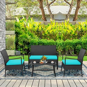 Patio 4PCS Wicker Furniture Set Cushioned Chairs& Loveseat W/Coffee Table Garden - Picture 1 of 7