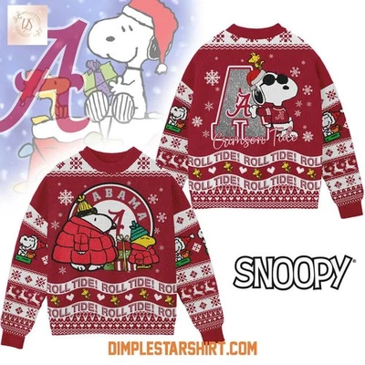 Alabama Crimson Tide Snoopy Roll Tide Rolll Ugly Christmas Sweater Unisex Fit - Image 1 of 4