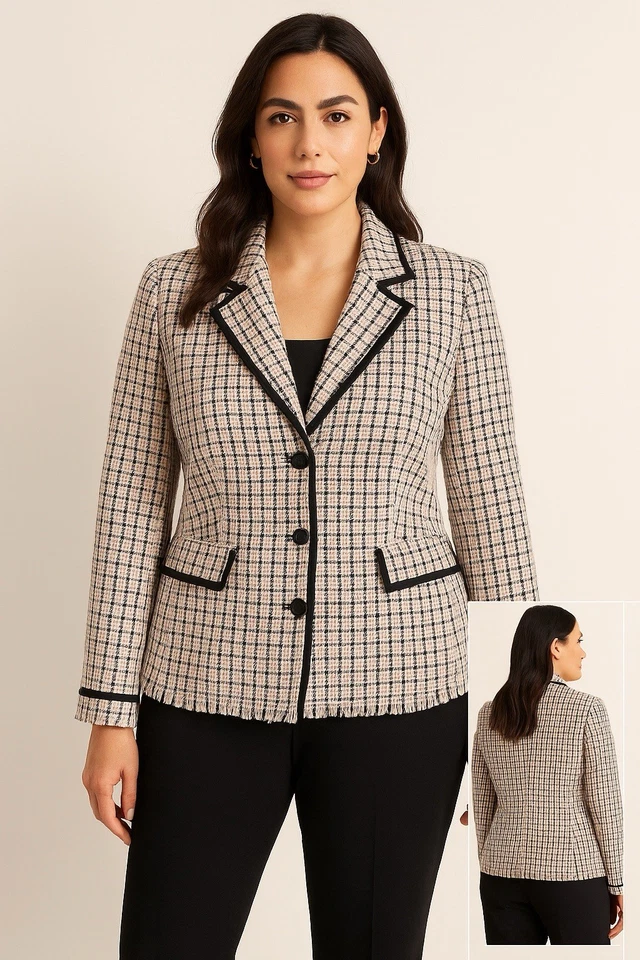Chaqueta Blazer Vintage Lane Bryant Talla 14 Tweed Negro Blanco Rosa Borde de Flecos Foto 1 de 3