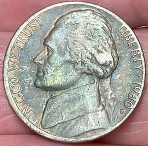 1980-P Jefferson Nickel Nice Green Toned Coin Dark #8 - Picture 1 of 12