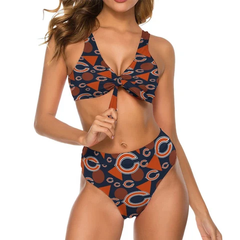 2pcs Chicago Bears Womens Bow Tie Bikini Printed Swimsuit, with Chest Pad Cover