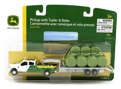 John Deere Ford F350 2024 nuevo 1:64 ERTL doble con cuello de cisne y pacas de heno redondas nuevo en paquete Foto 1 de 2