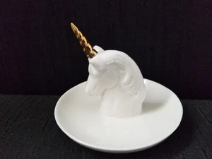 Unicorn Ring Holder Trinket Dish White Ceramic with Gold Horn - Picture 1 of 6