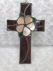 Vintage witraż krzyż z pięknym kwiatem bursztynowe odcienie ręcznie robiony religijny