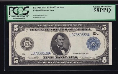 US 1914 $5 FRN San Francisco Type II FR 891b PCGS 58 PPQ Ch AU (538) - Image 1 of 2