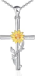Sunflower Cross Necklace for Women 925 Sterling Silver Jewelry CZ Pendant Gifts - Picture 1 of 12