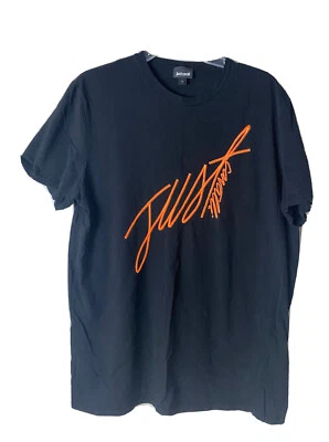 Just Cavalli 男式大号黑色刺绣橙色标志图案 T 恤二手状况完好 — 第 1/4 张图片