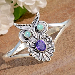 Amethyst Cut & Fire Opal Gemstone 925 Sterling Silver Cuff Bangle For Function - Picture 1 of 9