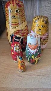 Vintage Cat Painted Russian Nesting Wooden Dolls Set of 5 - Picture 1 of 10