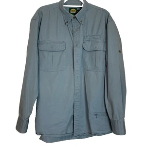 Cabelas Outdoor Gear Button Shirt Men L Blue Roll Tab Sleeve Zip Pocket Utility - Picture 1 of 5