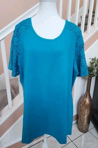 NWOT D&CO DENIM & CO Blue Round Neck Lace Short Sleeve Cotton Stretch Top Sz 2X - Picture 1 of 12