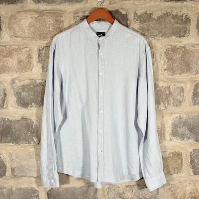 Club Monaco Mens XL Slim Fit Light Blue 100% Linen Band Collar Long Sleeve Shirt - Image 1 of 4