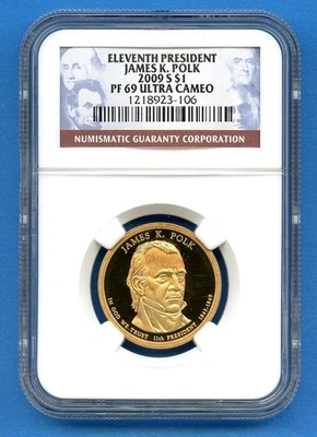 2009 S NGC PF69 UCAM James Polk $1 US Mint Proof Coin 2009-S PR-69 Ultra Cameo - Image 1 of 3
