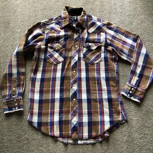 Vintage Wrangler Flanell Pearl Snap Herren 16,5 kariert Western Cowboy Retro braun - Bild 1 von 7