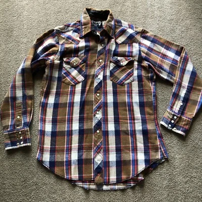 Винтажные мужские фланелевые жемчужные застежки Wrangler 16,5 в клетку ковбойские ретро коричневые - Изображение 1 из 4