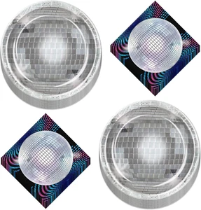 70S Disco Party Supplies - Silver Disco Ball Paper Dinner Plates with Retro Disc - Picture 1 of 4