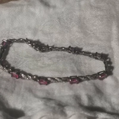 Brazalete de granate rodolita natural y plata de ley 12K/925 - Cierre de caja - 8" Foto 1 de 4