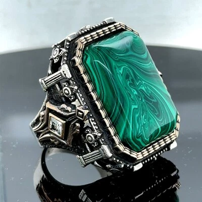 Men Silver Handmade Malachite Gemstone Large Ring - Image 1 of 4