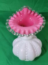 Vintage Fenton Pink And White Silver Crest Beaded Melon Jack in the Pulpit Vase