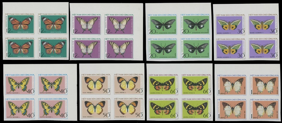 1976, VIETNAM, BUTTERFLIES, IMPERF SET IN MARGIN BLOCKS OF 4, NH, SC.#798-805 - Image 1 of 1