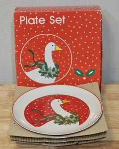 Vintage Red And white Christmas Goose Holly Porcelain plates Set Of 4 - Picture 1 of 4